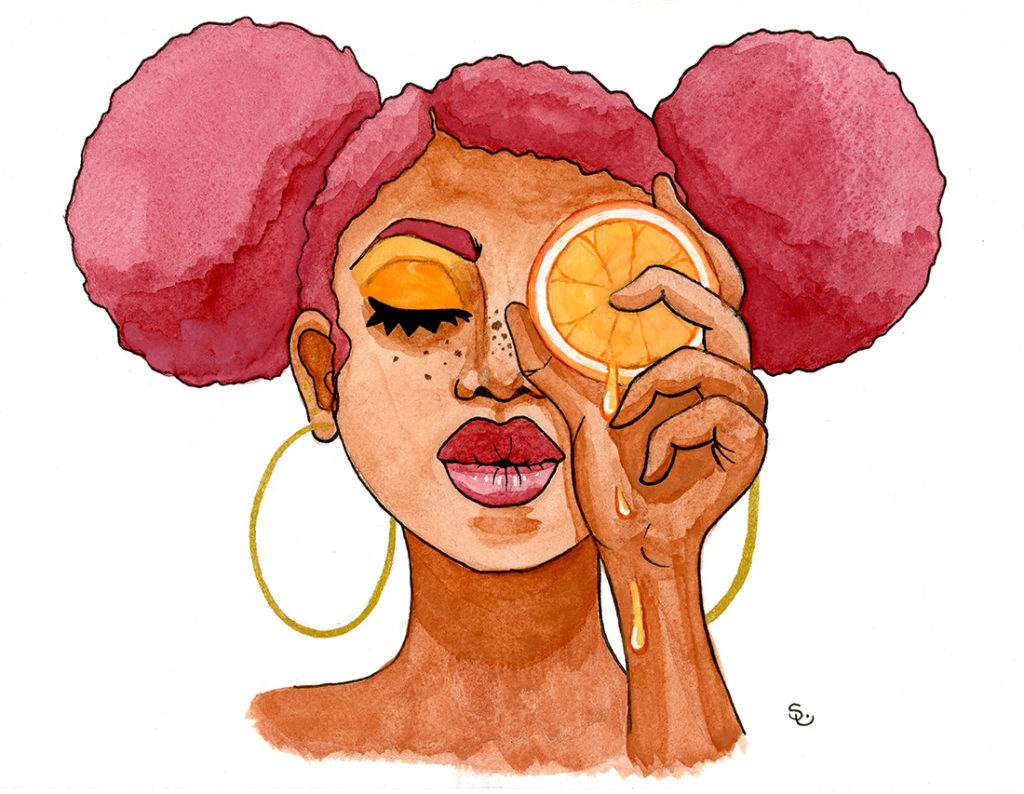 Drawing of woman with afro puffs holding and orange slice