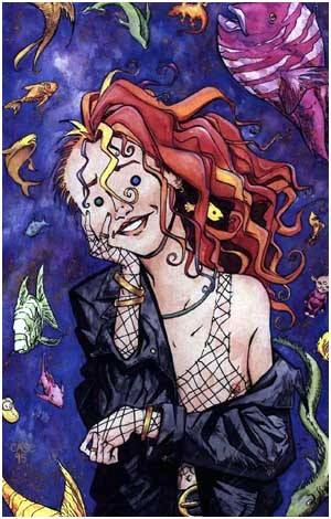 Neil Gaiman's The Sandman: IIllustration of a girl with multicolored hair and two different colored eyes wearing a leather jacket and looking lost in thought.