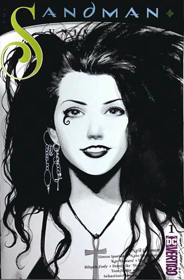 Neil Gaiman's The Sandman: IOne of the covers of an issue of The Sandman with a black and white illustration of Death as inspired by the photo of Cinamon Hadley