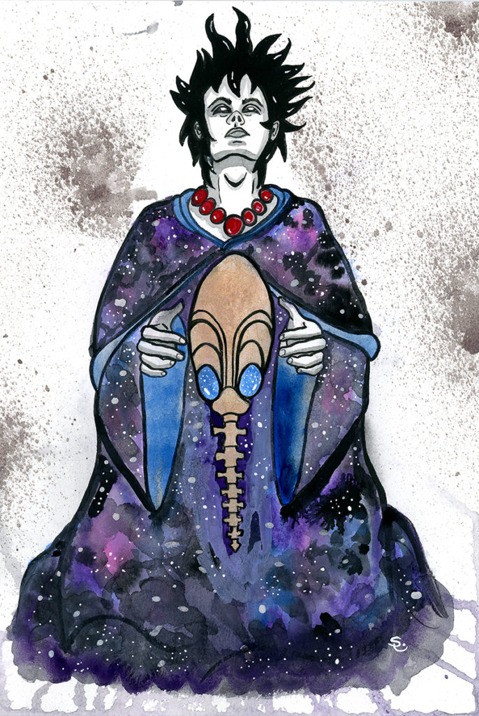 Neil Gaiman's The Sandman. Watercolor painting of Morpheus wearing a robe with galaxies and space on it. He is looking up and holding his helm.