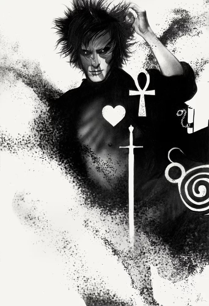 Neil Gaiman's The Sandman. Black and white illustration of Morpheus with a heart, ankh and a sword