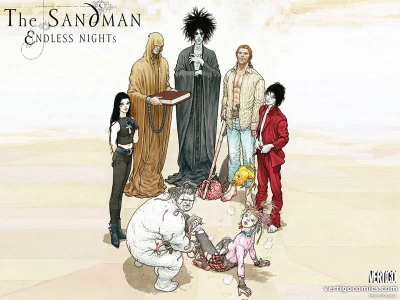 Neil Gaiman's The Sandman: IIllustration of a group of seven siblings, all very different physically. Five are standing, one sitting on the ground and the other is crouching.