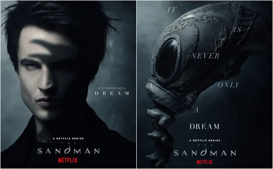 Neil Gaiman's The Sandman: ITwo images, on the left is a man with the shadow of a crow across his face and the right is a helmet that looks like a gas mask but it's a little bit other worldly