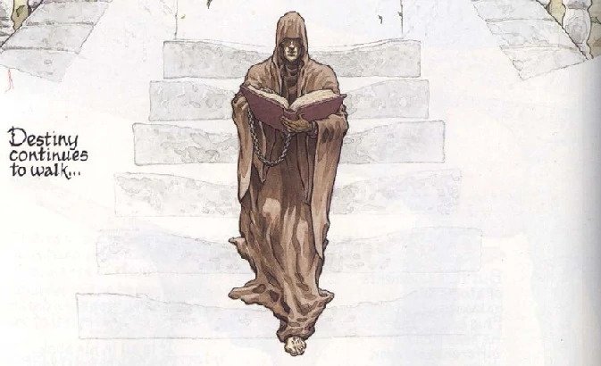Neil Gaiman's The Sandman: IIllustration of a robed man walking barefoot down stone steps carrying a large book that is shackled to his wrist