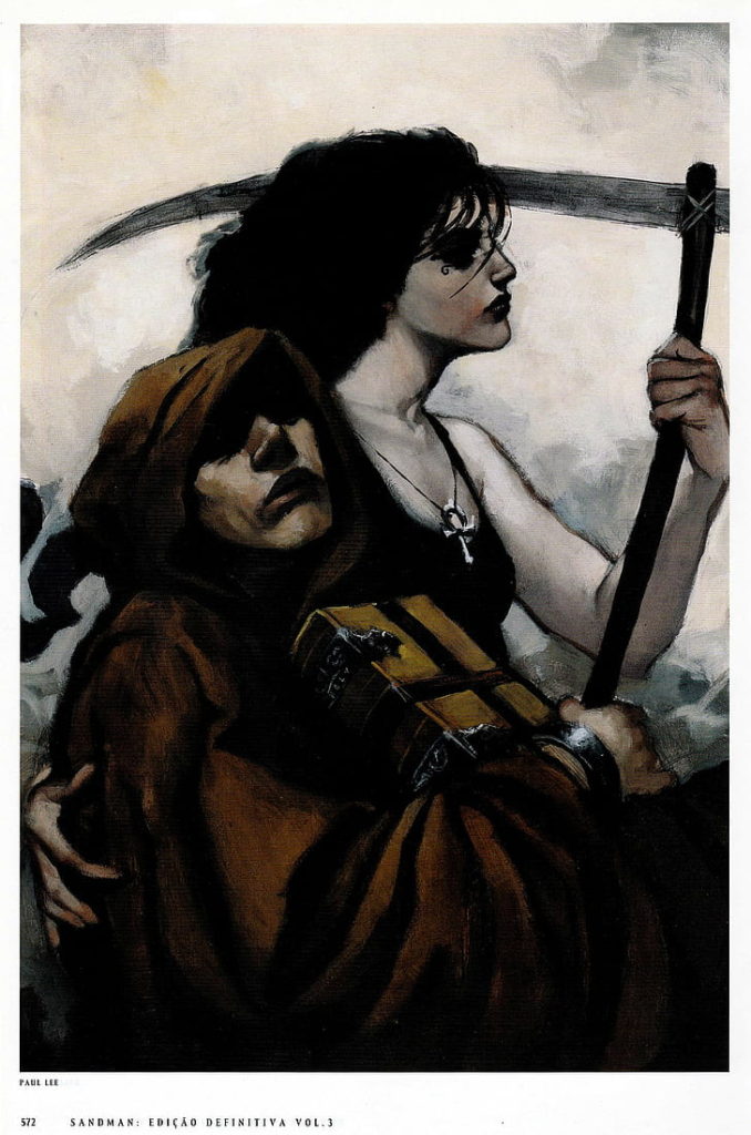 Neil Gaiman's The Sandman: IIllustration of a man and woman. The woman is pale with dark hair and clothes and she is holding a scythe in on hand. Her other hand is wrapped around the other person, who is wearing a robe and he has a large book shackled to his wrist. His eyes are shrouded in darkness and he is looking off in a different direction than his sister.