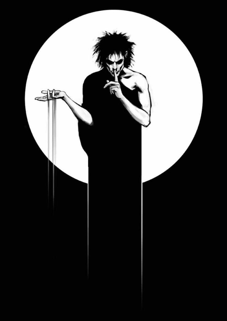 Neil Gaiman's The Sandman. Black and White illustration of a man in a black robe with sand falling from his hand and holding his other hand to his face. He's making a shushing gesture. He is silhouetted by the moon.