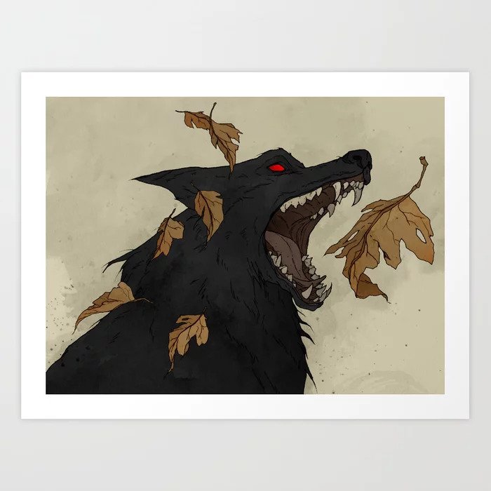 Drawing of a black wolf with bright red eyes and it's mouth wide open. There are brown leaves blowing around near it's face.