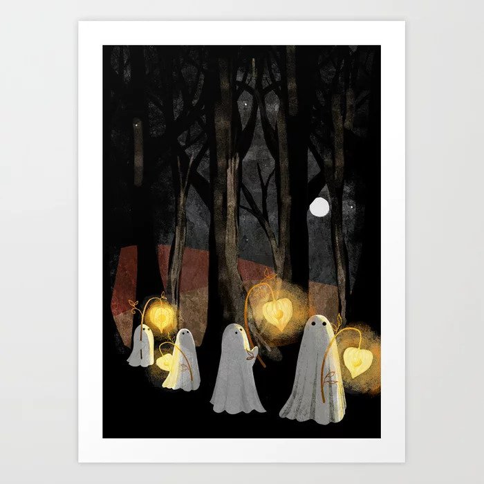 Adorable painting of ghosts with lanterns floating through a dark forest with a small moon that can be seen through the trees