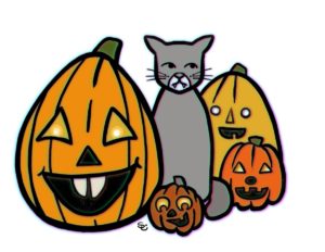 Gray cat looking annoyed surrounded by smiling jack o lanterns