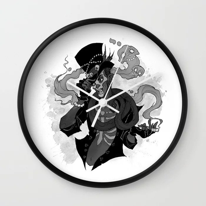Image of a clock featuring an illustration of Baron Samedi. He's surrounded by smoke from a cigar he's holding and the smoke has skulls in it. He's touching the brim of his top hat with his other hand.