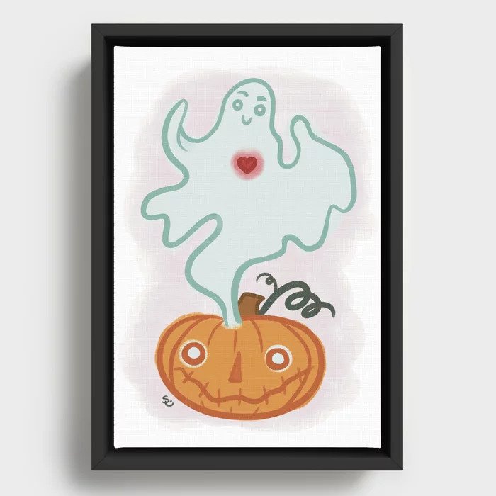 Illustration of a jack o lantern with a ghost coming out of the top. The ghost has a heart and they're both smiling.