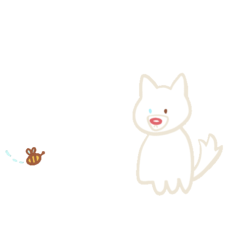 Animated cartoon gif of a three-legged dog with a bee landing on it's nose